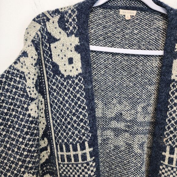 En Ceme Fringe Cardigan Poncho Sweater Size M Relaxed Fit Blue Long Sleeve Boho - Picture 8 of 16